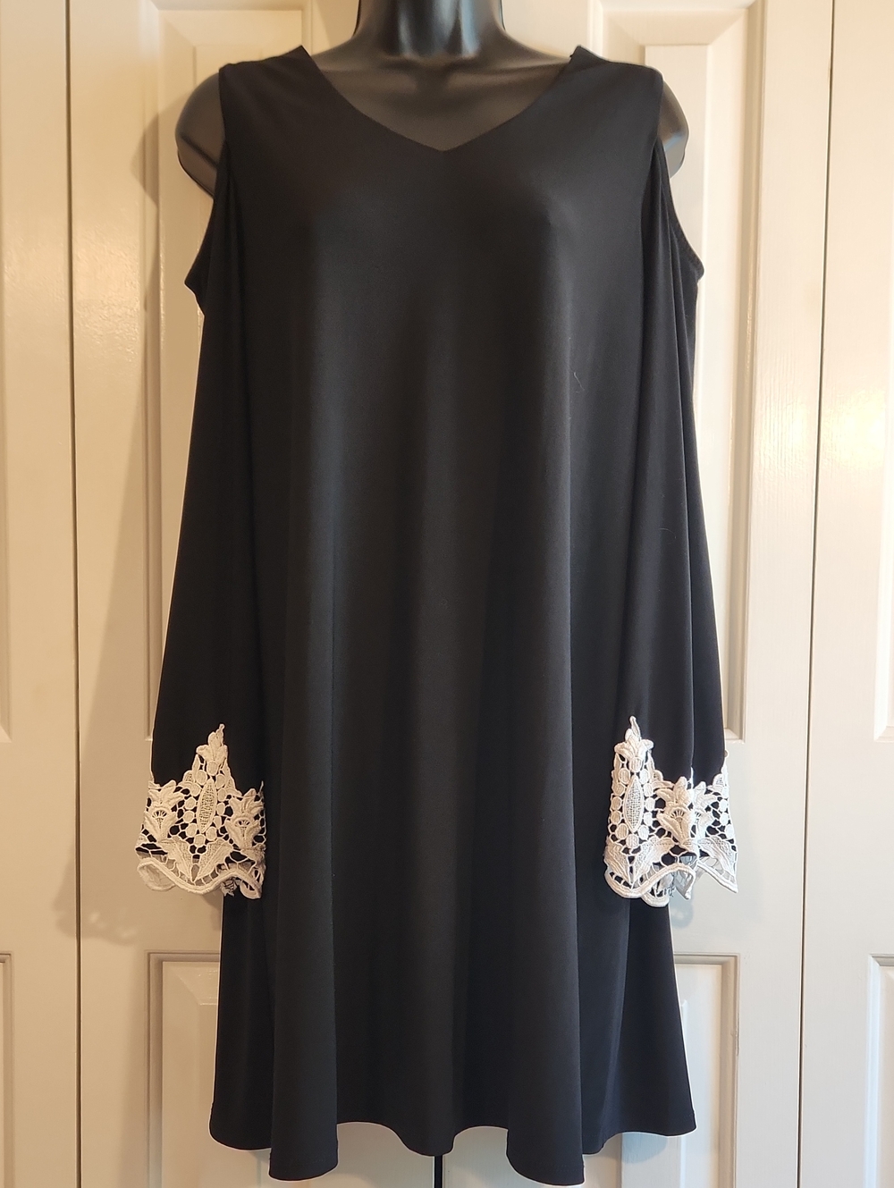 Black Cold-Shoulder Swing Dress with White Lace Cuffs - Womens Size S